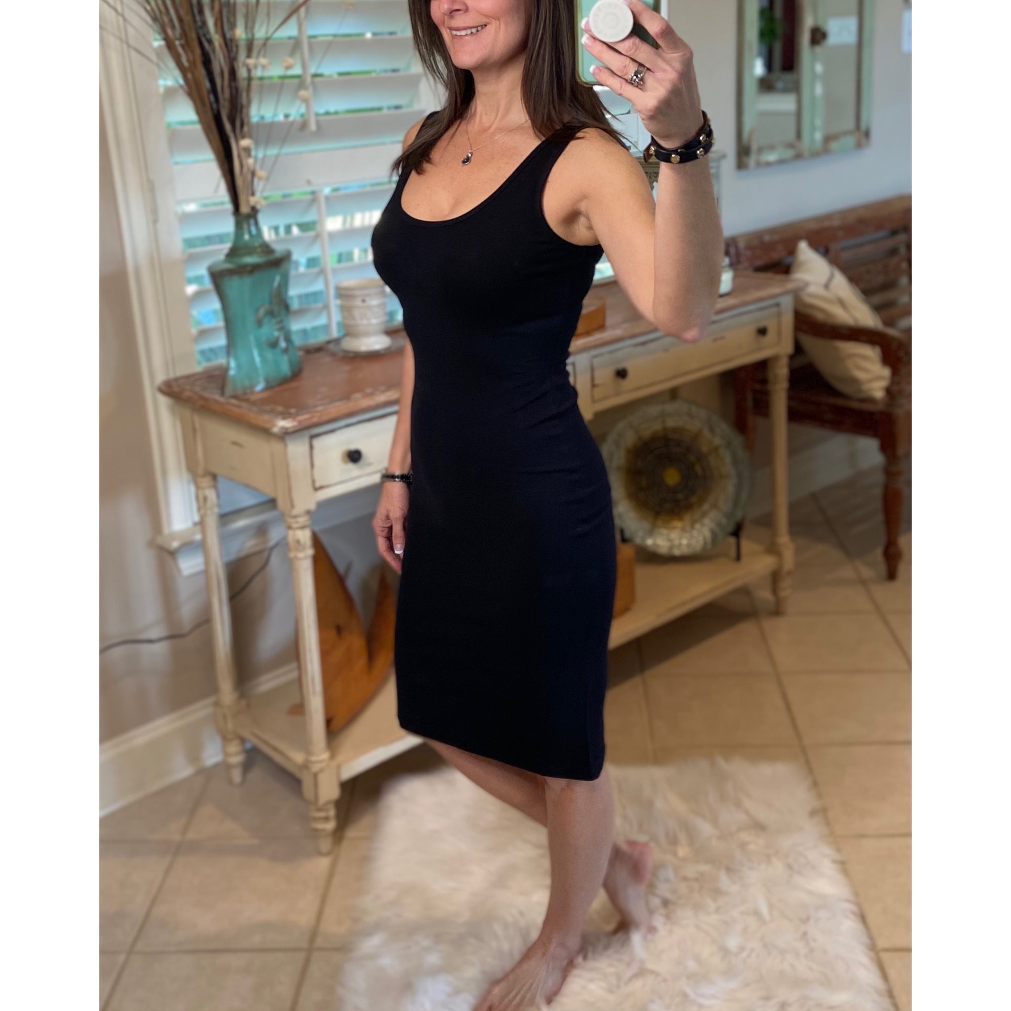 Scoop Neck Cleavage Bodycon Sleeveless Midi Summer Tank Dress Black