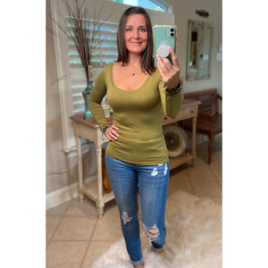 Sexy Slimming Scoop Neck Low Cut L/S Tissue Basic Baby Shirt Top Green