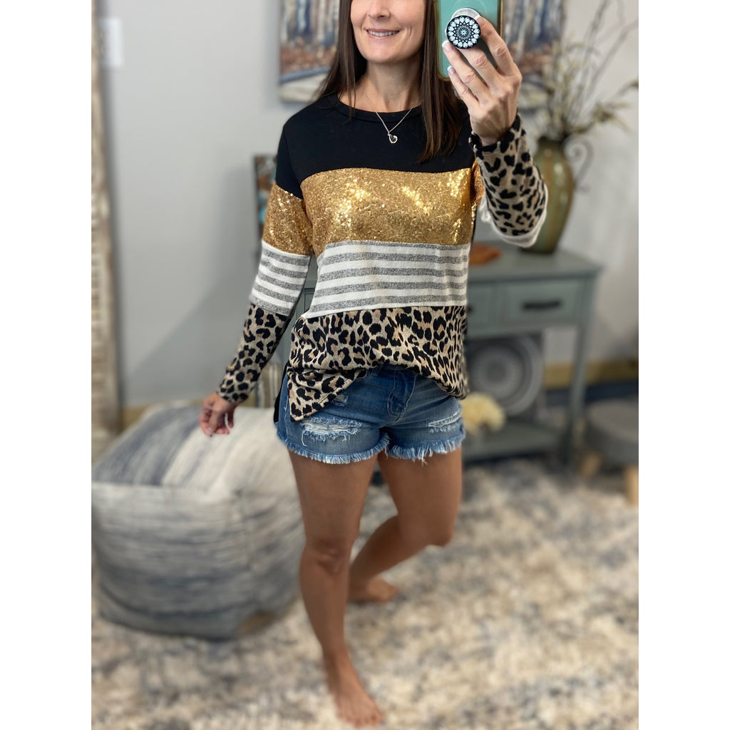 "All That Glitters" Gold Sequined Round Neck Leopard Animal Print Pocket Long Sleeve Black