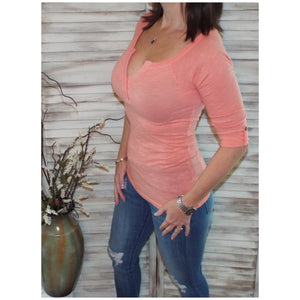 "Come Together" V-Neck Crochet Plunge Cleavage Military 3/4 Cuff Sleeve Top Peach S/M/L
