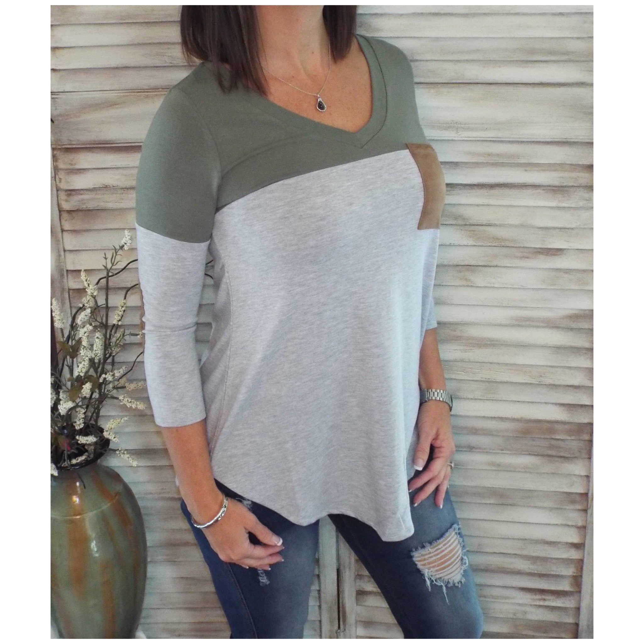 Suede Pocket Elbow Detail V Neck Floaty Color Block Tunic 3/4 Sleeve Olive Gray