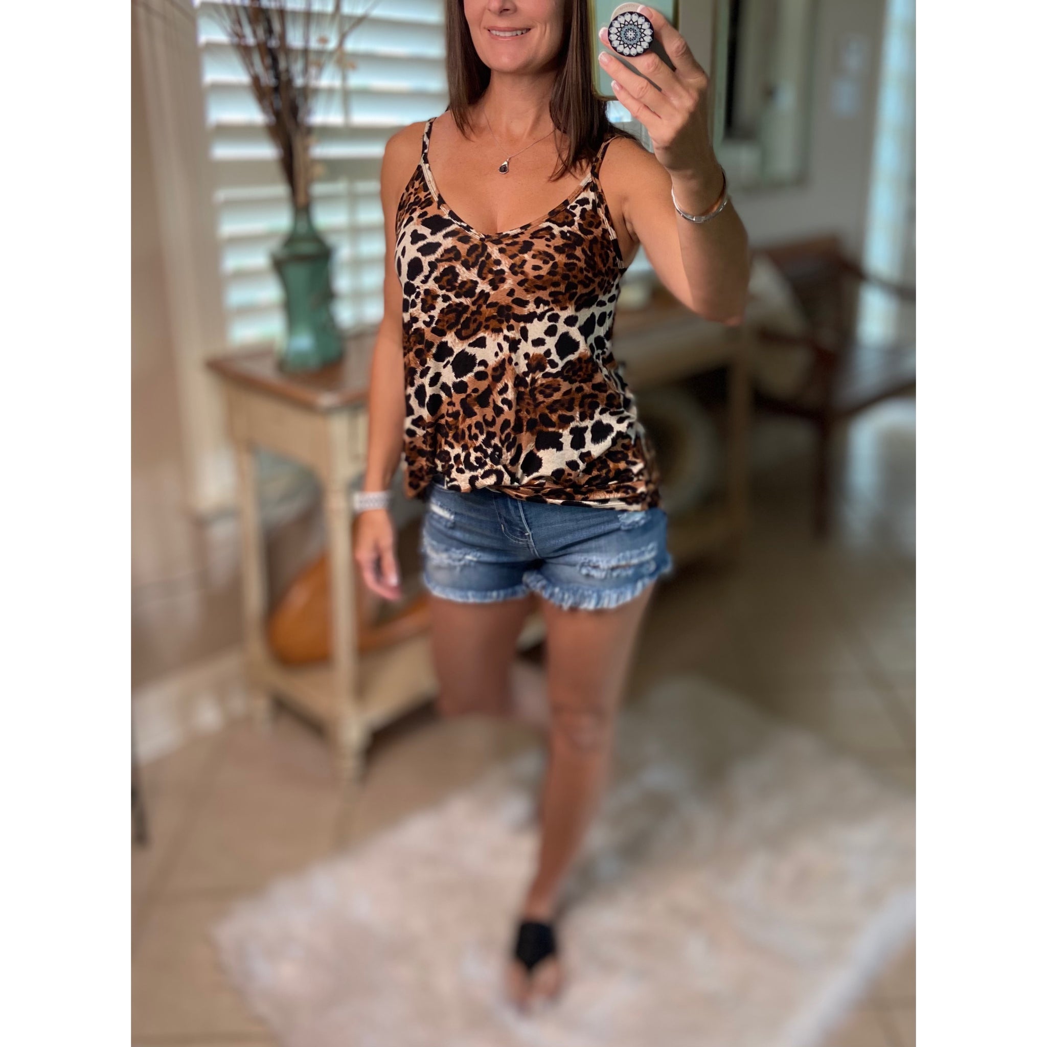 “Heat Wave” Reversible Leopard Low Scoop Or V Neck Spaghetti Strap Tank Top Brown