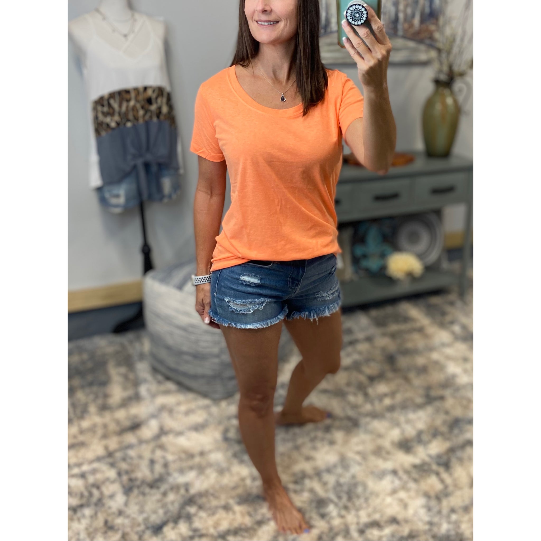 "Neon Rainbow" Loose Floaty Scoop Neck Boyfriend Tee Shirt Melange Neon Orange S/M/L