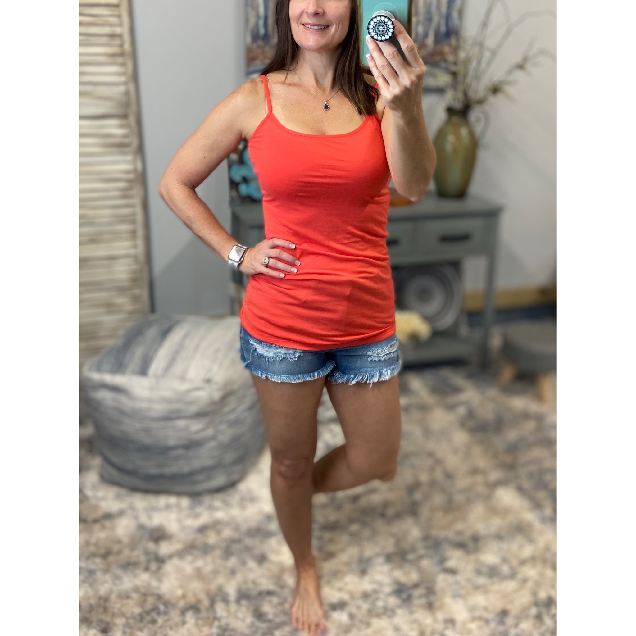 Low Cut Shelf Bra Cleavage Adjustable Strap Cami Tunic Tank Dk Coral S/M/L