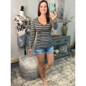 "Follow Me" Nautical Striped Preppy Stretch V-Neck Low Cut L/S Shirt Charcoal Gray White S/M/L