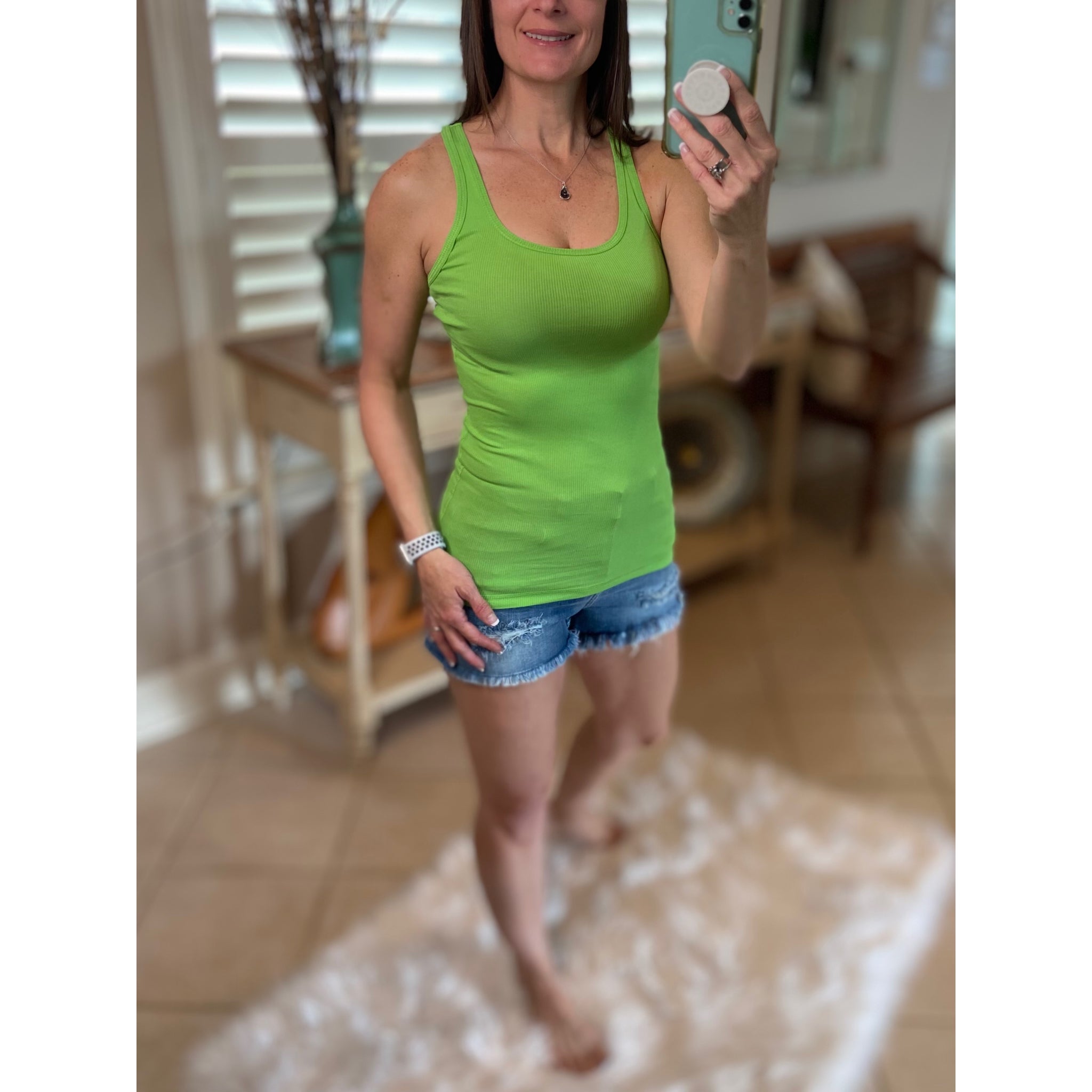 "Can't Touch This" Ribbed Low Scoop Boy Beater Racerback Cleavage Fitted Tank Top Lime Green