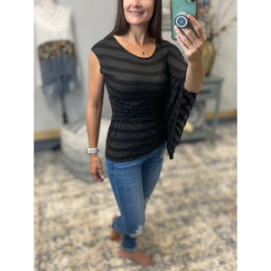 "Flying In Circles" Dolman Ruched Flutter Batwing Striped Burnout Tissue Shirt Black S/M/L/XL