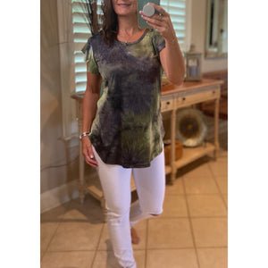 “Midnight Sky” Tie Dye Short Flutter Sleeve Round Neck Bottom Retro 70s Top Green Multi