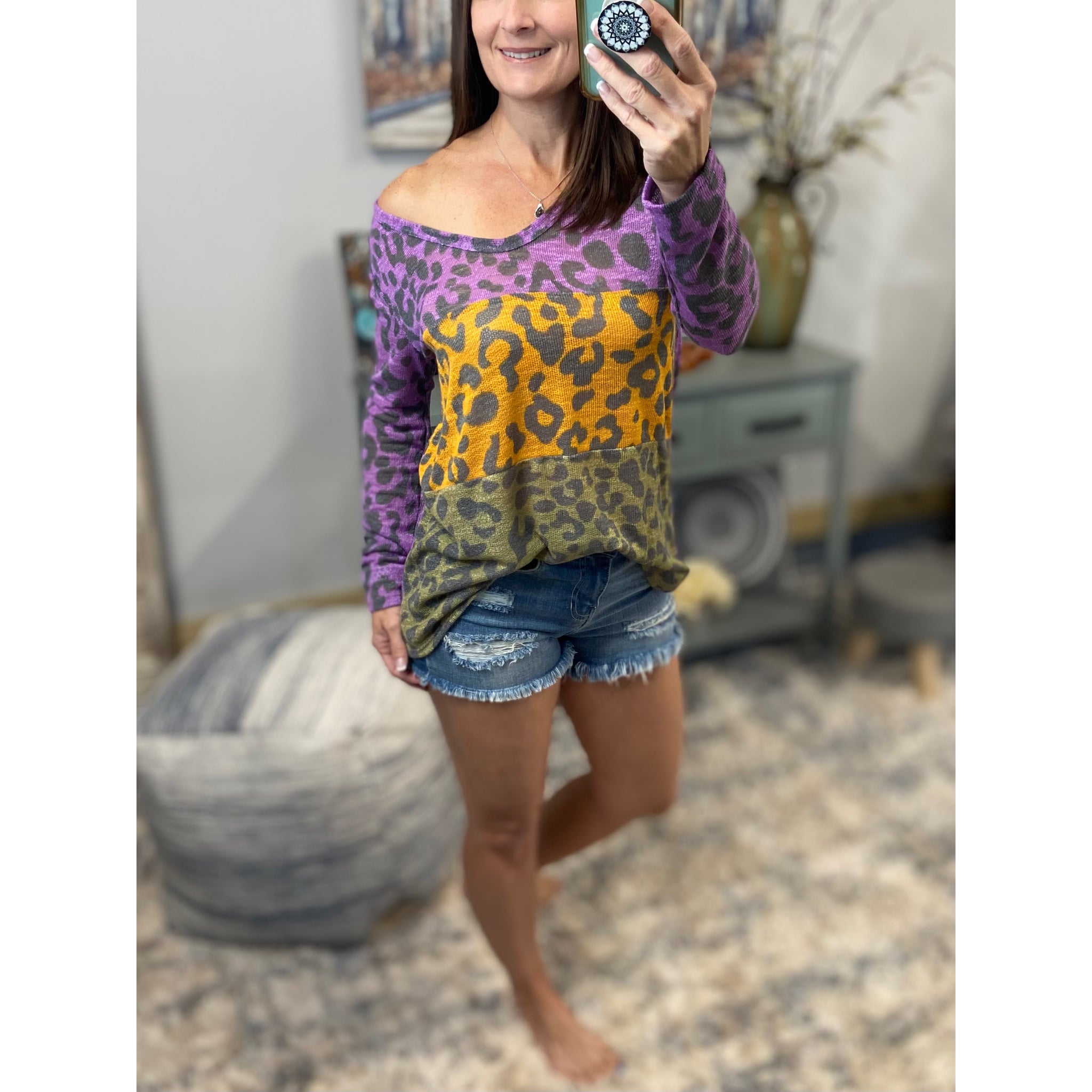 “Queen Cake” Mardi Gras Leopard Wide Neck Off Shoulder Shirt Purple Green & Gold