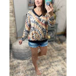 “When I Come Around” Swirl Tie Dye French Terry Long Sleeve V-Neck Banded Bottom Top Multi