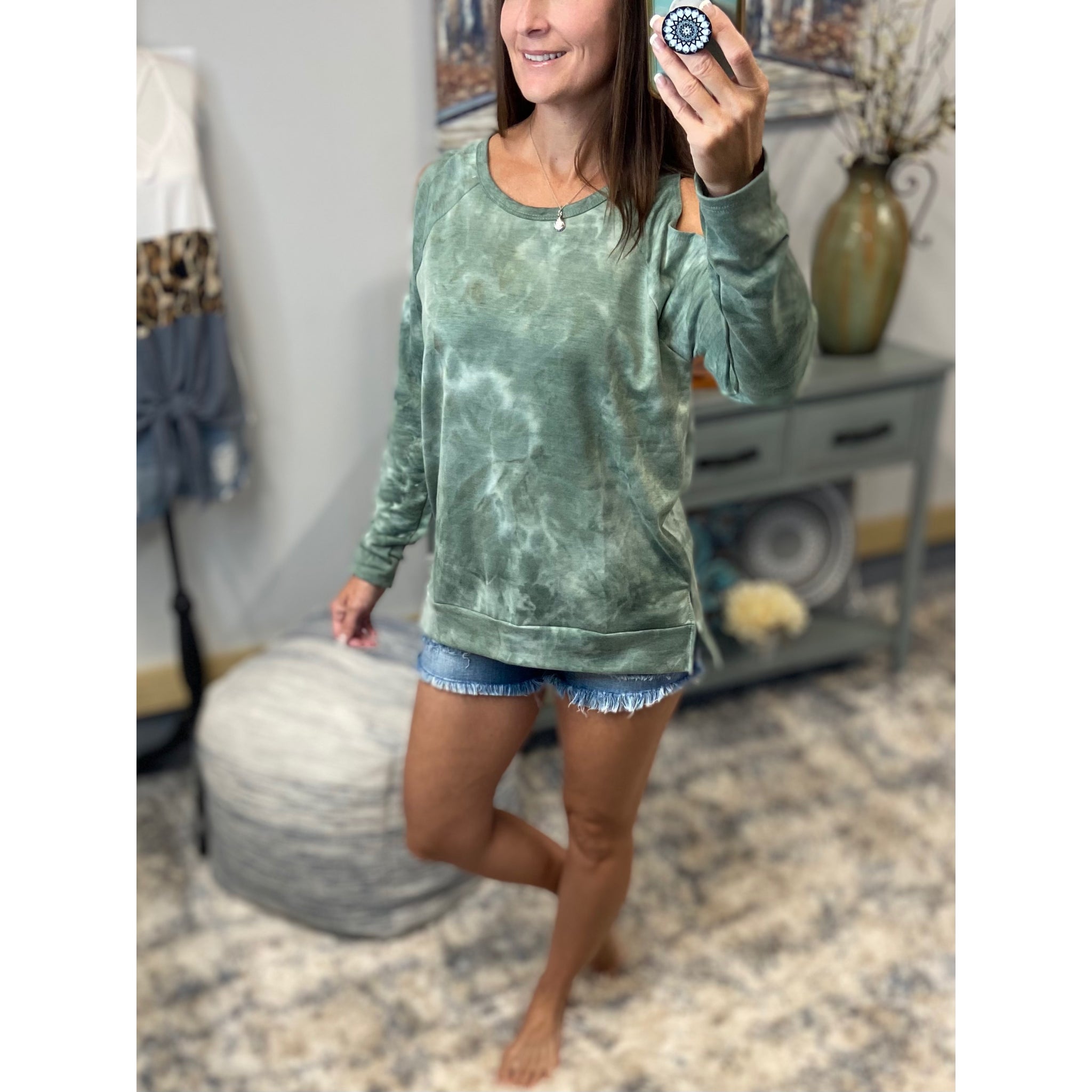 “Never Better” Tie Dye French Terry Cold Shoulder Long Sleeve Round Neck Split Side Top Green