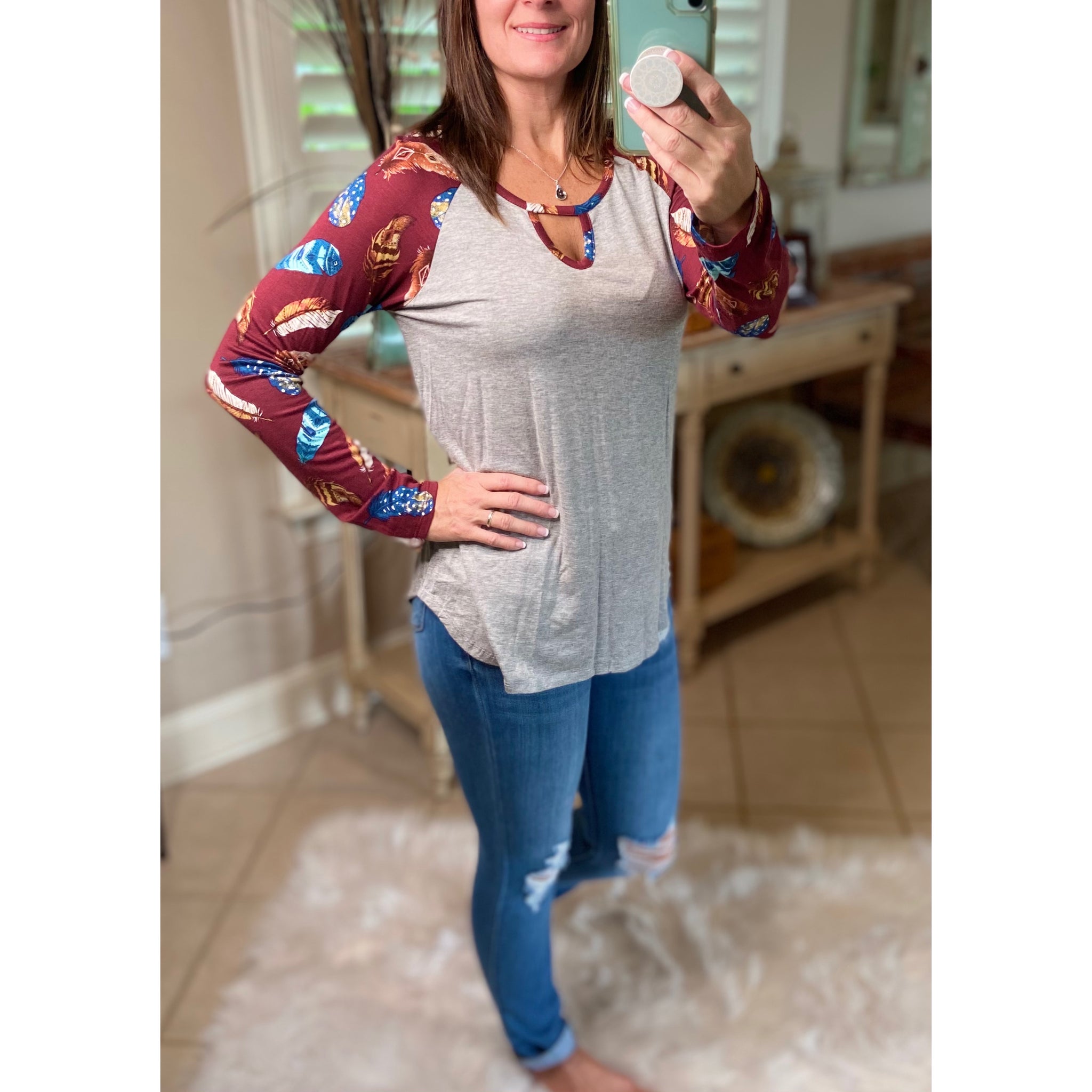 “Dream Catcher” Sporty Feather Long Sleeve Scoop Keyhole Neck Raglan Jersey Stretch Shirt Burgundy S/M/L