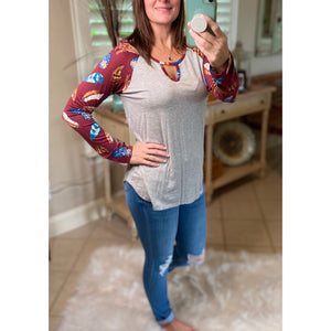 “Dream Catcher” Sporty Feather Long Sleeve Scoop Keyhole Neck Raglan Jersey Stretch Shirt Burgundy S/M/L
