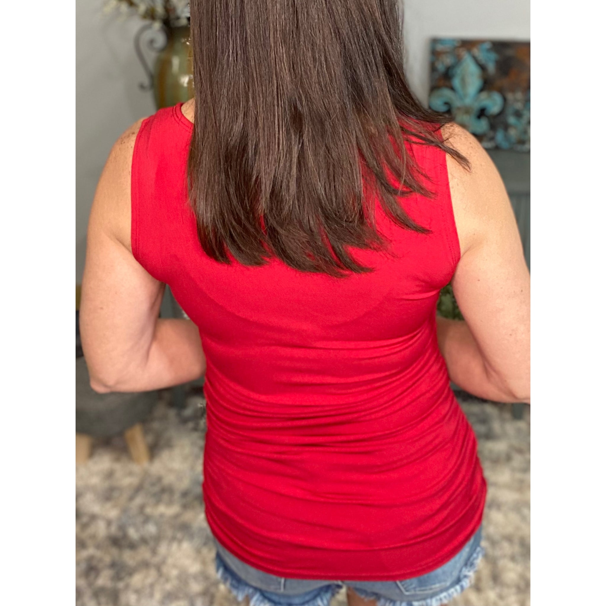 "All Summer Long" Scoop Neck Ruched Gathered Sides Sleeveless Summer Top Red S/M/L/XL