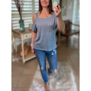 Very Sexy Distressed One Cold Shoulder Cutout Top Blue S/M/L