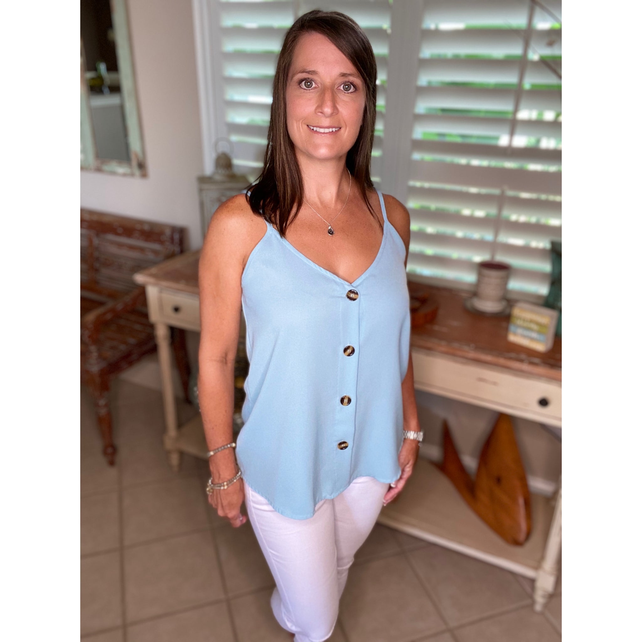 “Simply Perfect” V-Neck Button Up Floaty Spaghetti Strap Summer Tank Top Blue S/M/L/XL