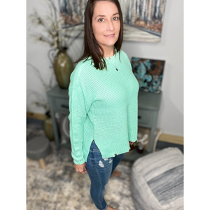 “Mint Julep” Chunky Waffle Knit Sweater Distressed Drop Shoulder Round Neck Split Side Long Sleeve Mint