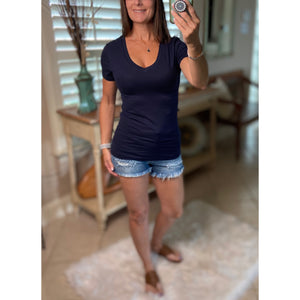 “Basic Babe” Low Cut V-Neck Cleavage Baby Slimming Basic Tee Shirt Top Navy S/M/L/X