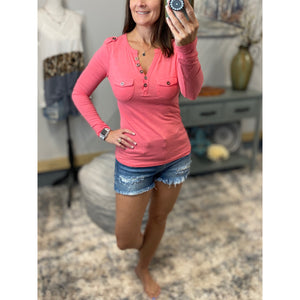 V-Neck Plunge Preppy Burnout Cleavage Military Henley Pocket Coral S/M/L