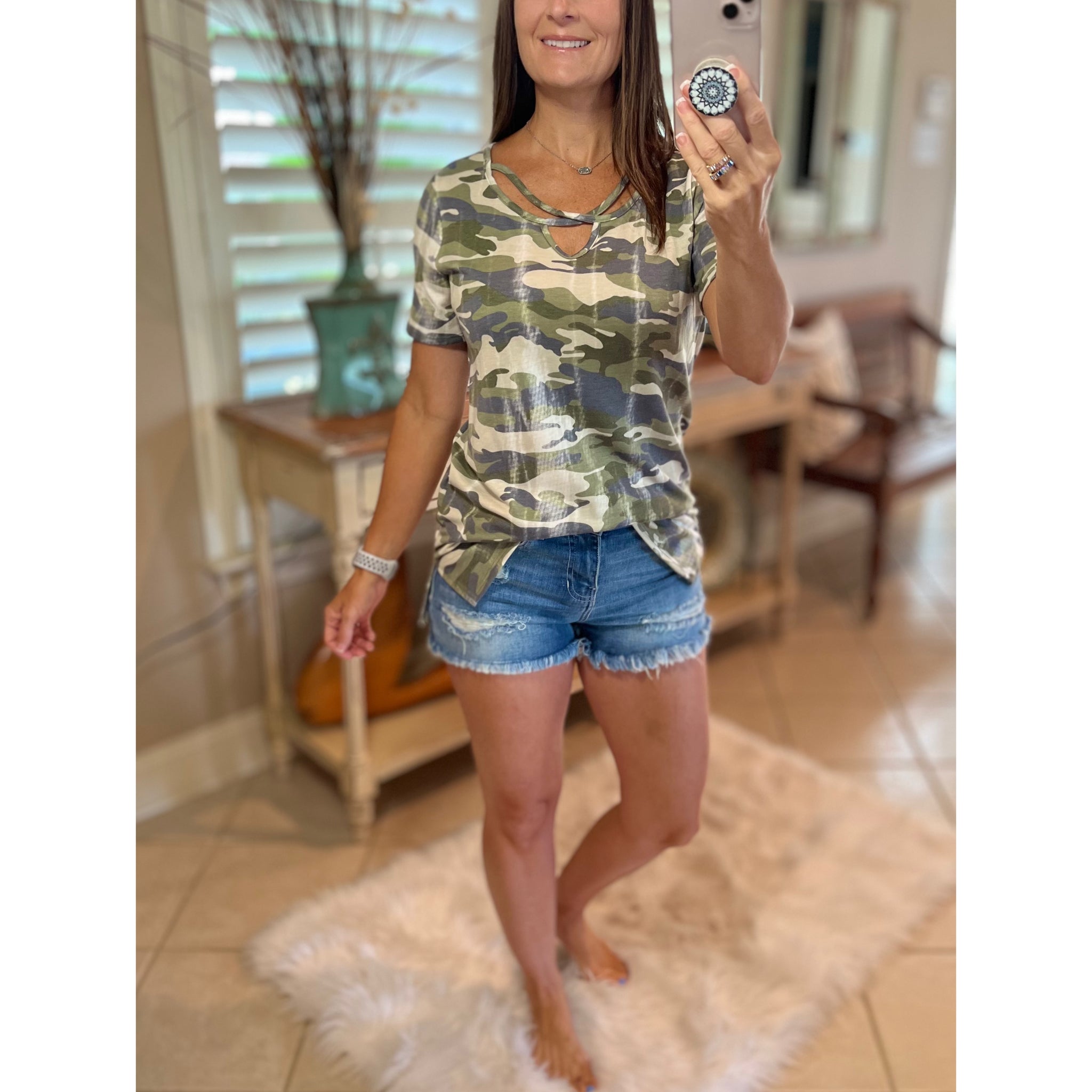"March to a Different Drum" Distressed Camouflage Criss Cross Cutout Front Short Sleeve Green S/M/L