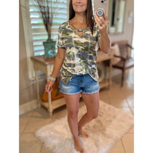 "March to a Different Drum" Distressed Camouflage Criss Cross Cutout Front Short Sleeve Green S/M/L