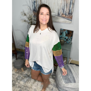 “Life of the Mardi” Mardi Gras Sequined Hoodie Shirt Parade Purple Green & Gold Ivory