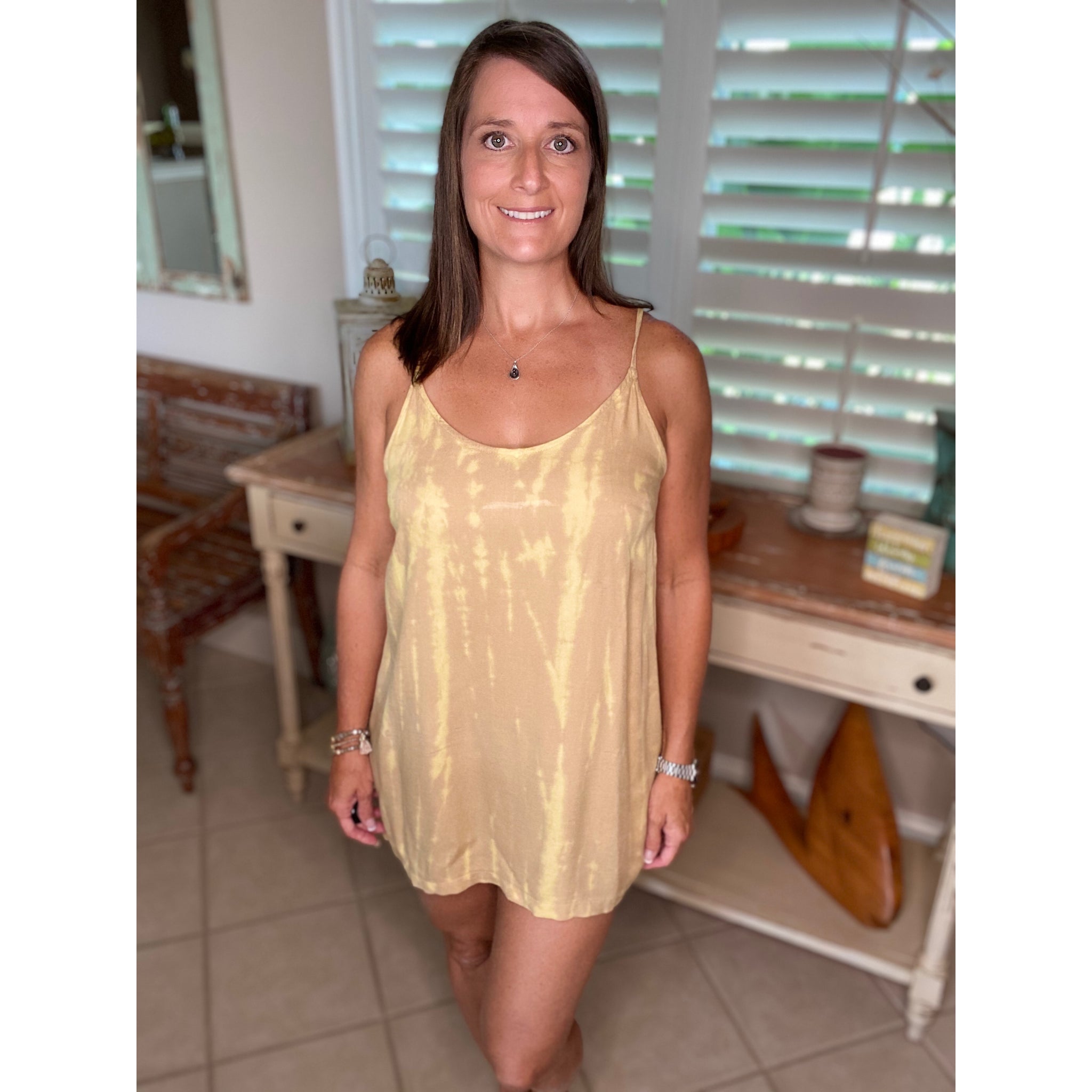 “Day at the Pool” Sexy Tie Dye Mini V-Neck Cami Tank Adjustable Spaghetti Strap Yellow
