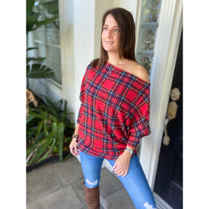 “Kick Up Your Heels” Plaid Off Shoulder Open Neck Dolman Long Sleeve Top Red S/M/L