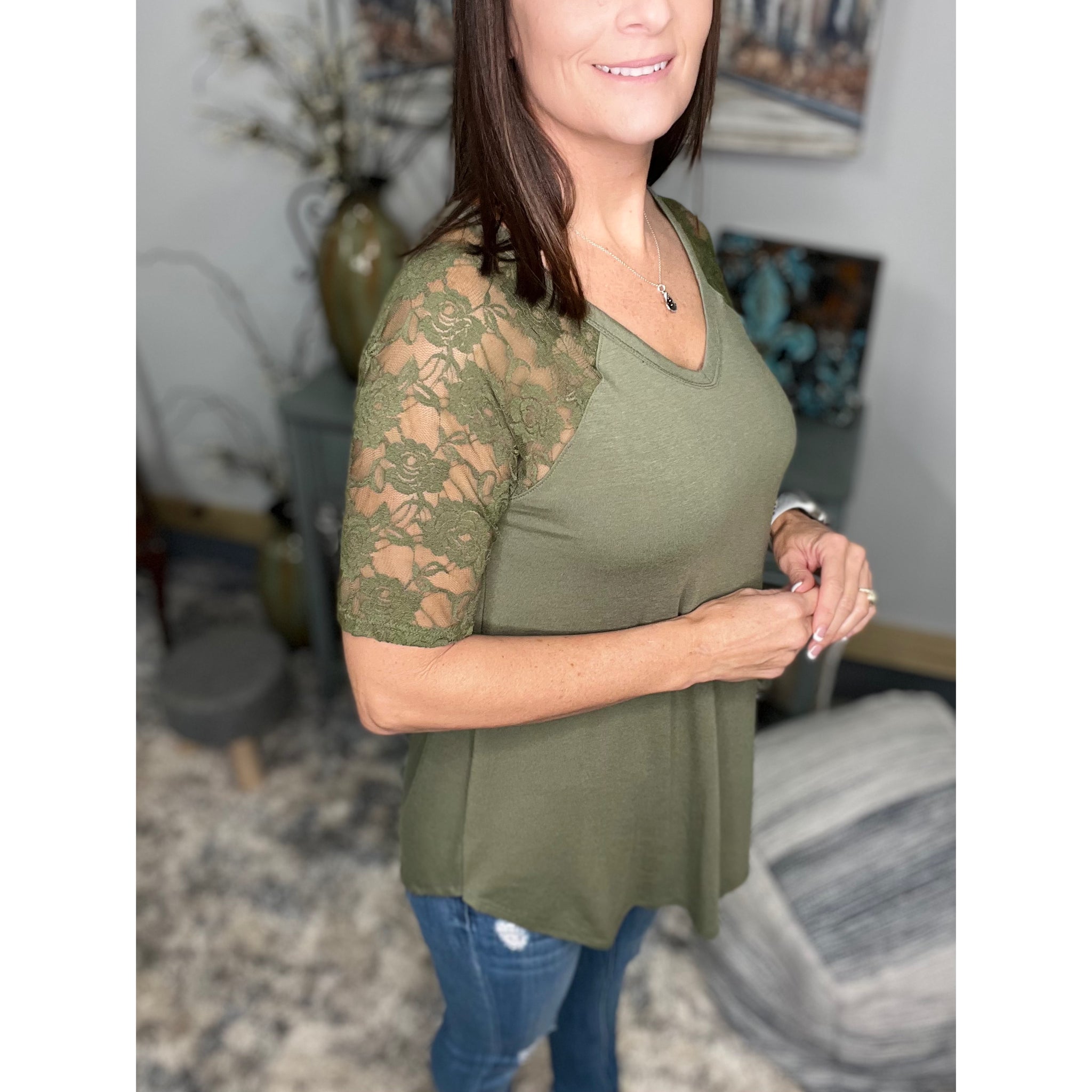 "All About The Lace" Lace Short Sleeve V Neck Rounded Bottom Dressy Olive Green