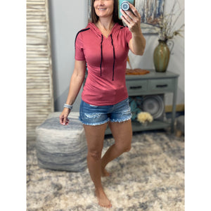 Sexy Sporty Crew Neck Striped Sleeve Drawstring Hoodie Pink Raspberry S/M/L