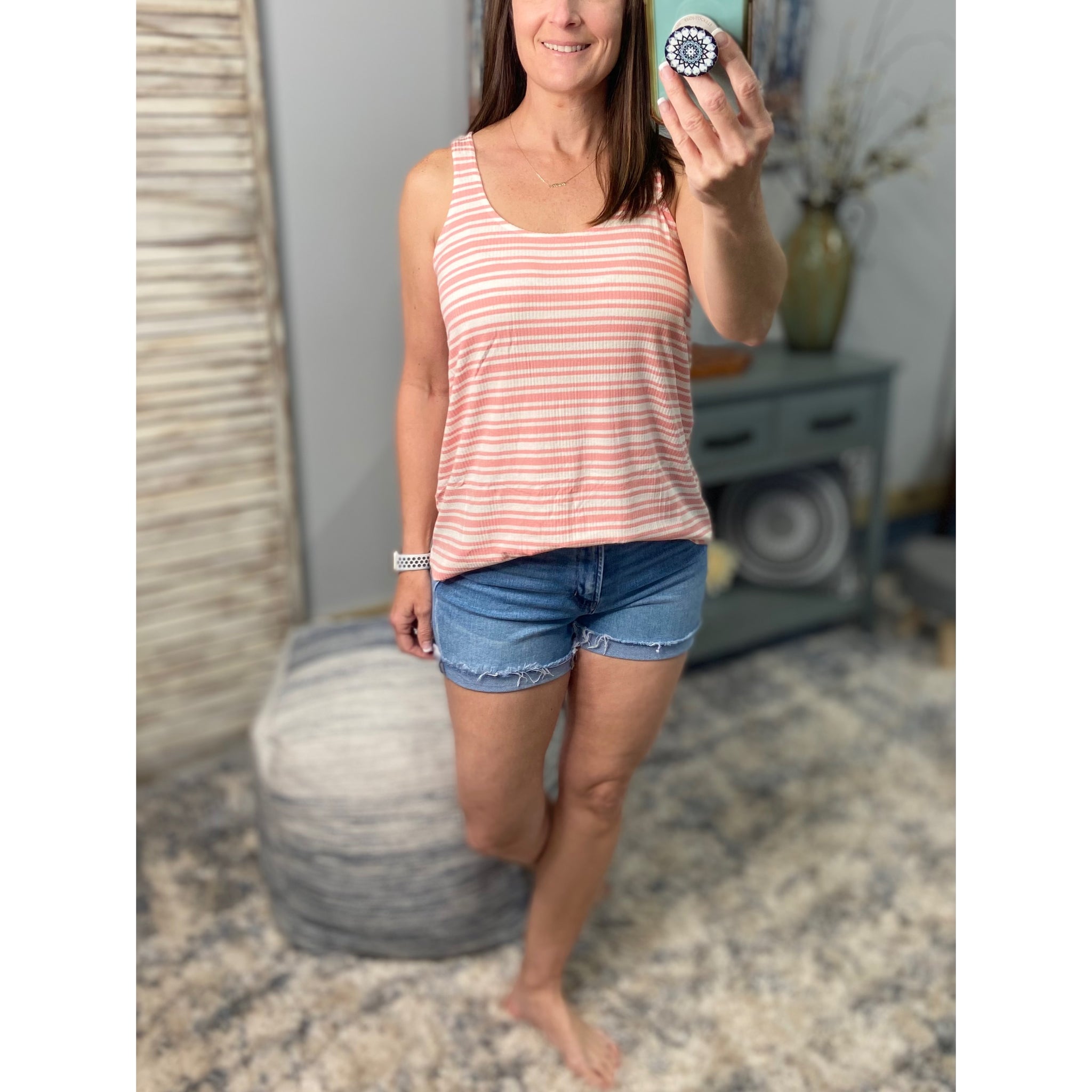 "Level Up" Ribbed Striped Scoop Neck Sleeveless Summer Beach Floaty Tank Top Tunic Pink