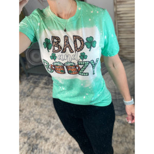 “Bad and Boozy” St. Patrick’s Day Bleached Sublimation Boyfriend Basic Tee Shirt Green S/M/L/XL/2X