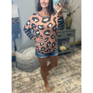“Wild Thing” Round Neck Floaty Animal Print Leopard Striped Long Sleeve Pink S/M/L