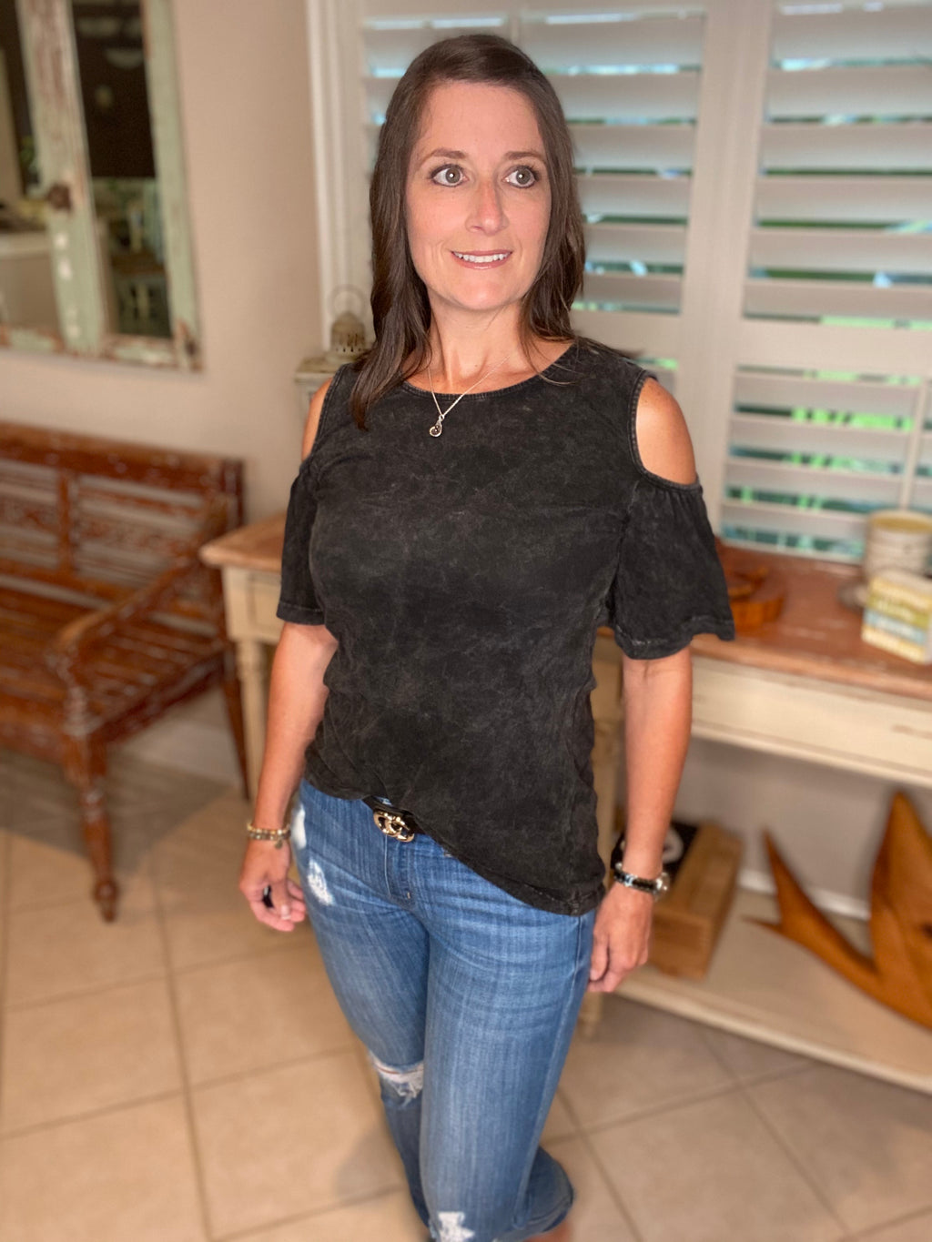 Sexy Scoop Neck Bell Sleeve Cold Shoulder Cutout Top Mineral Wash Black