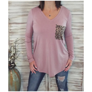 V Neck Soft Jersey Knit Floaty Animal Print Leopard Pocket Long Sleeve Pink