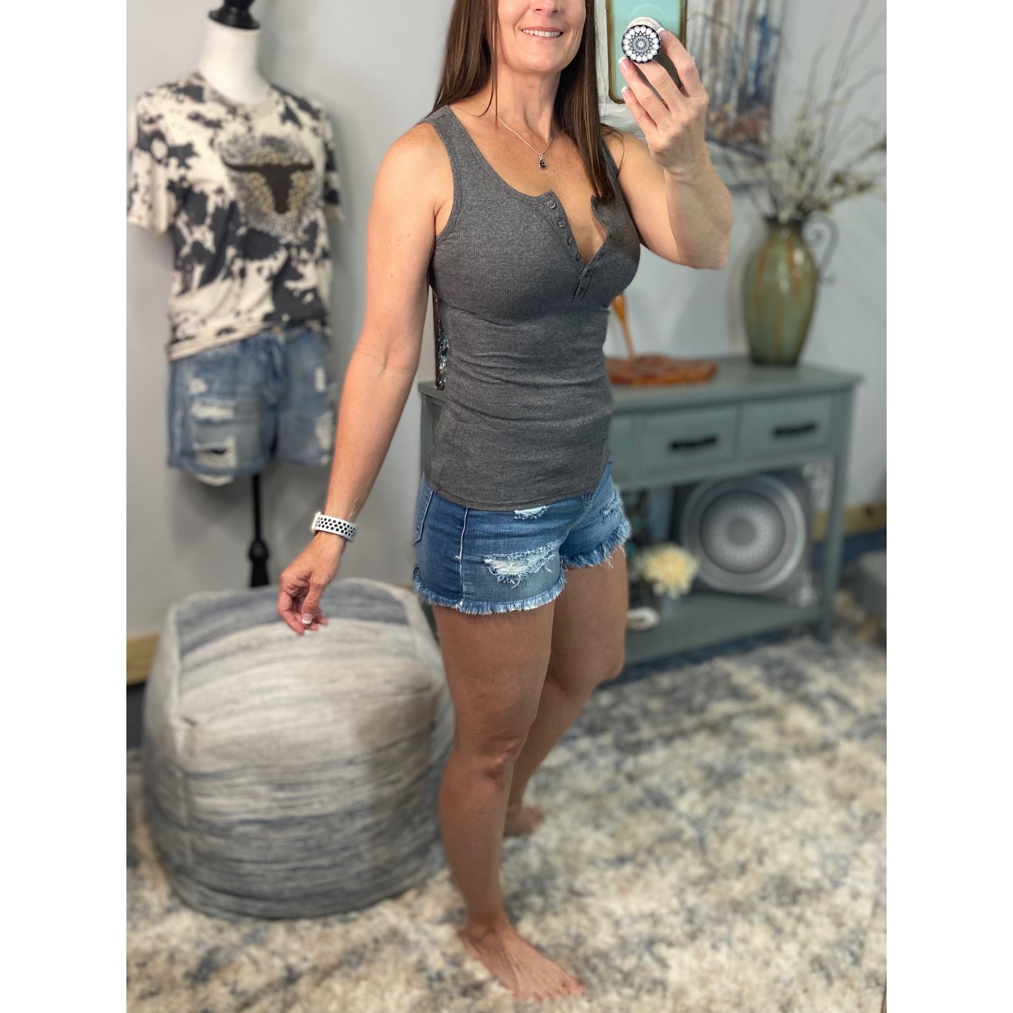 “Let The Sun Shine” Ribbed Henley Low Cut Boy Beater Cleavage Fitted Tank Top Gray