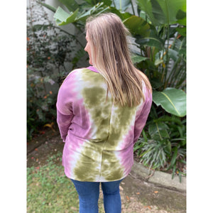 “Summertime Blues” Tie Dye Vertical Print V-Neck Long Sleeves Pink Green
