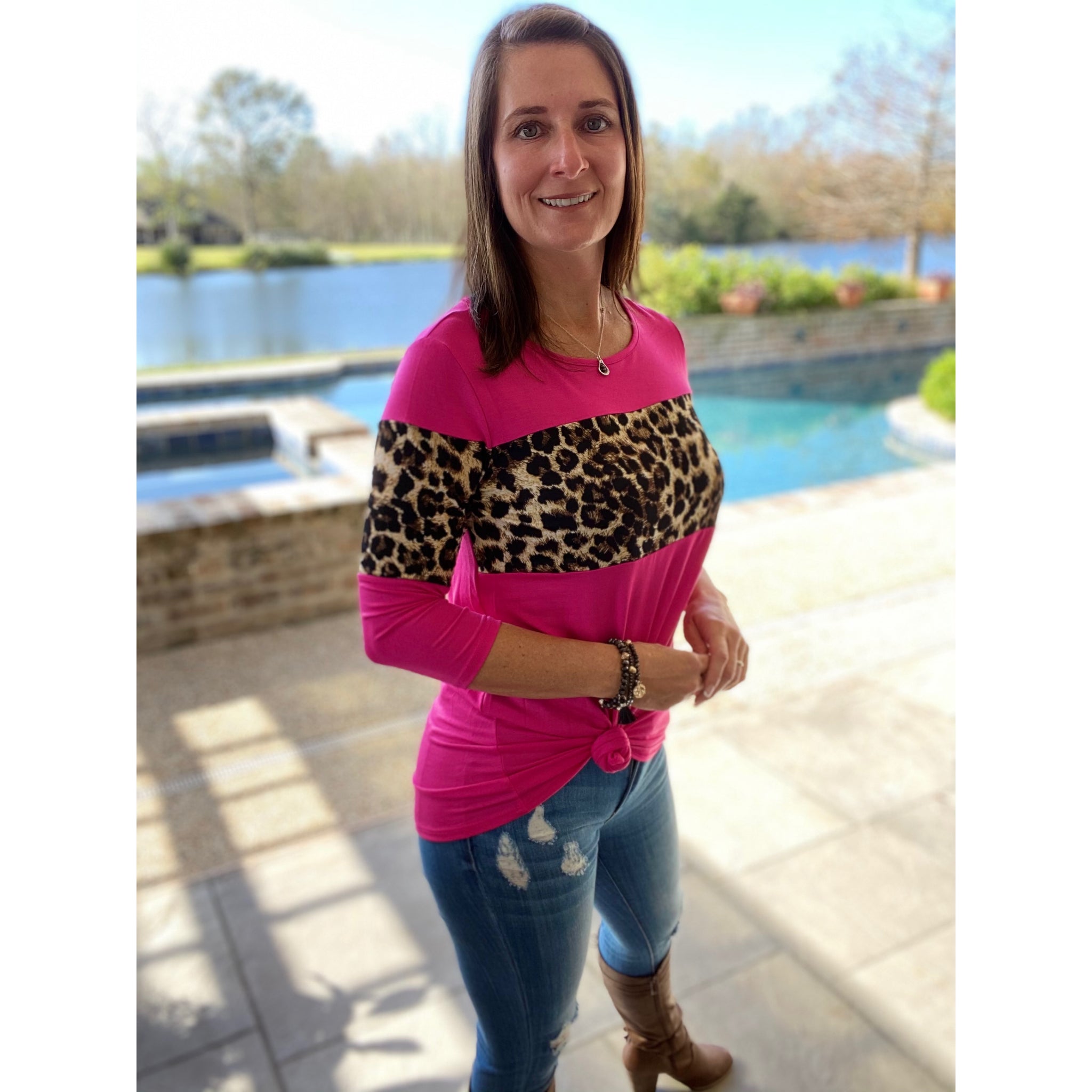 "Never Say Never" Leopard Animal Print Color Block Scoop Neck 3/4 Sleeve Hot Pink