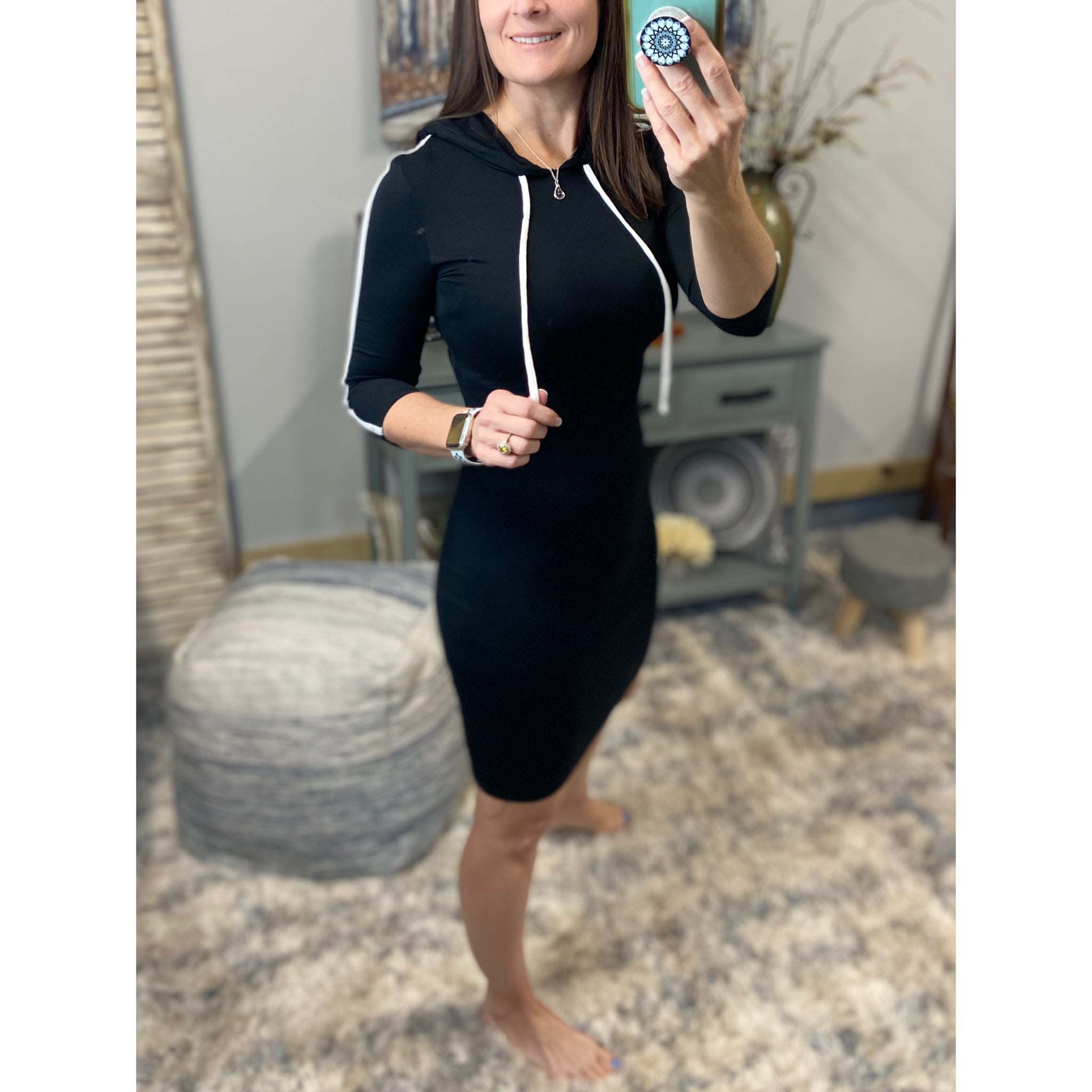 Sporty Athletic Hoodie Contrast Bodycon Stretch 3/4 Dress Black White S/M/L