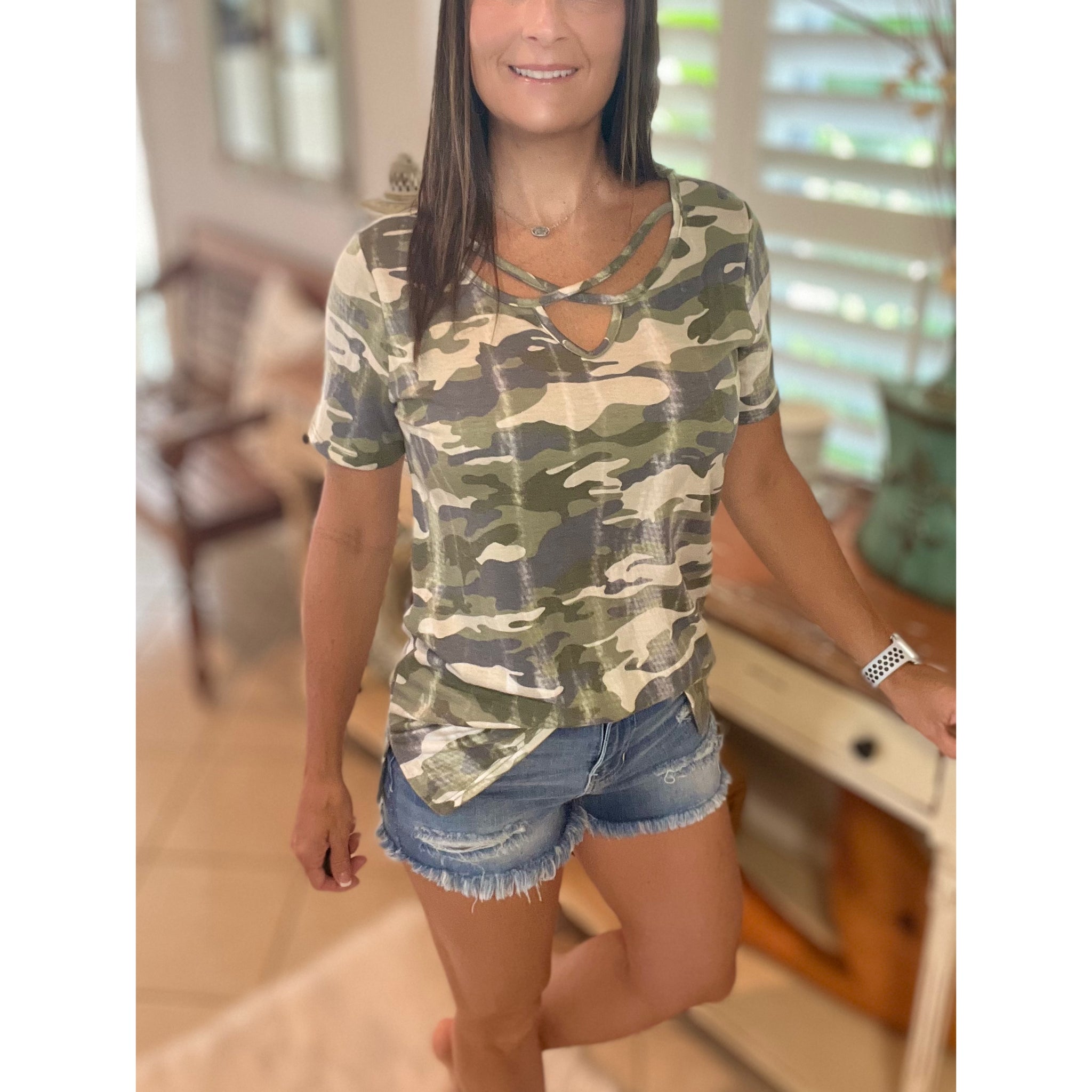 "March to a Different Drum" Distressed Camouflage Criss Cross Cutout Front Short Sleeve Green S/M/L