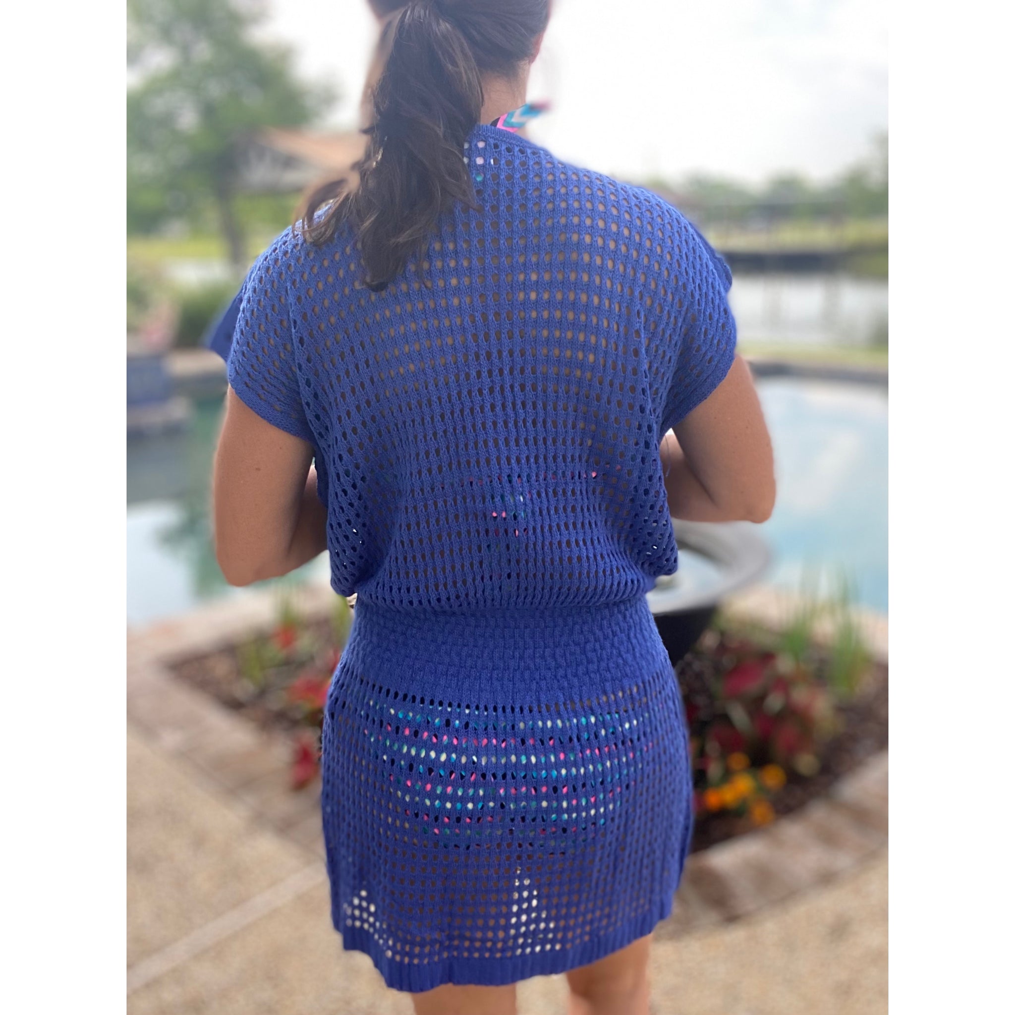 “Ocean Eyes” Crochet Mesh V Neck Mini Beach Swimsuit Cover Up Beach Pool Royal Blue One Size