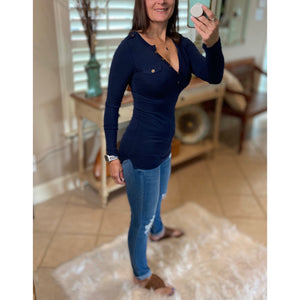 Very Sexy Deep V Neck Plunge Cleavage Military Henley Pocket Top Navy