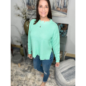 “Mint Julep” Chunky Waffle Knit Sweater Distressed Drop Shoulder Round Neck Split Side Long Sleeve Mint