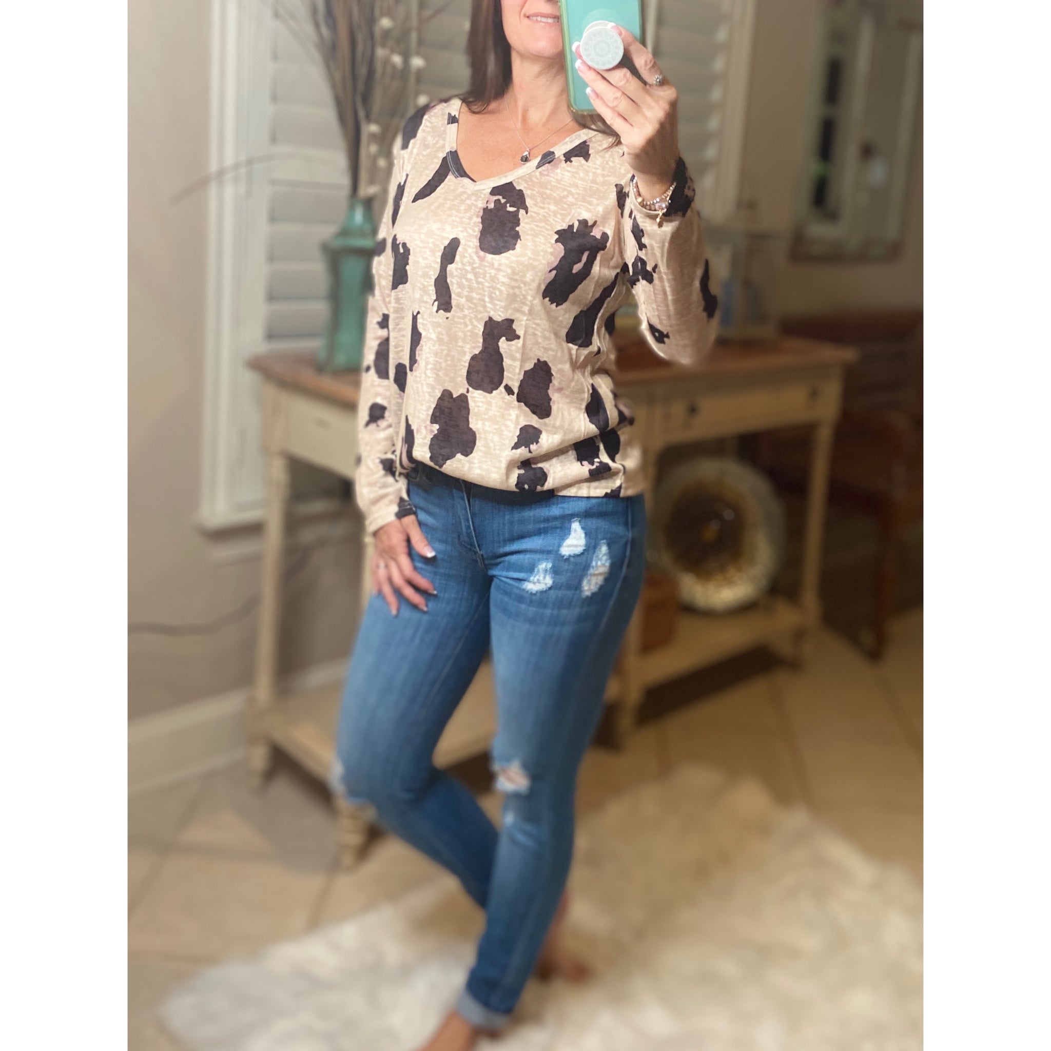 "Wild Child" V-Neck Floaty Animal Print Leopard Long Sleeve Taupe