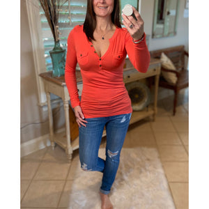 Sexy Deep V Neck Plunge Cleavage Military Henley Pocket Top Light Orange