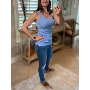 "Can't Touch This" Ribbed Low Scoop Boy Beater Cleavage Fitted Tank Top Spring Blue