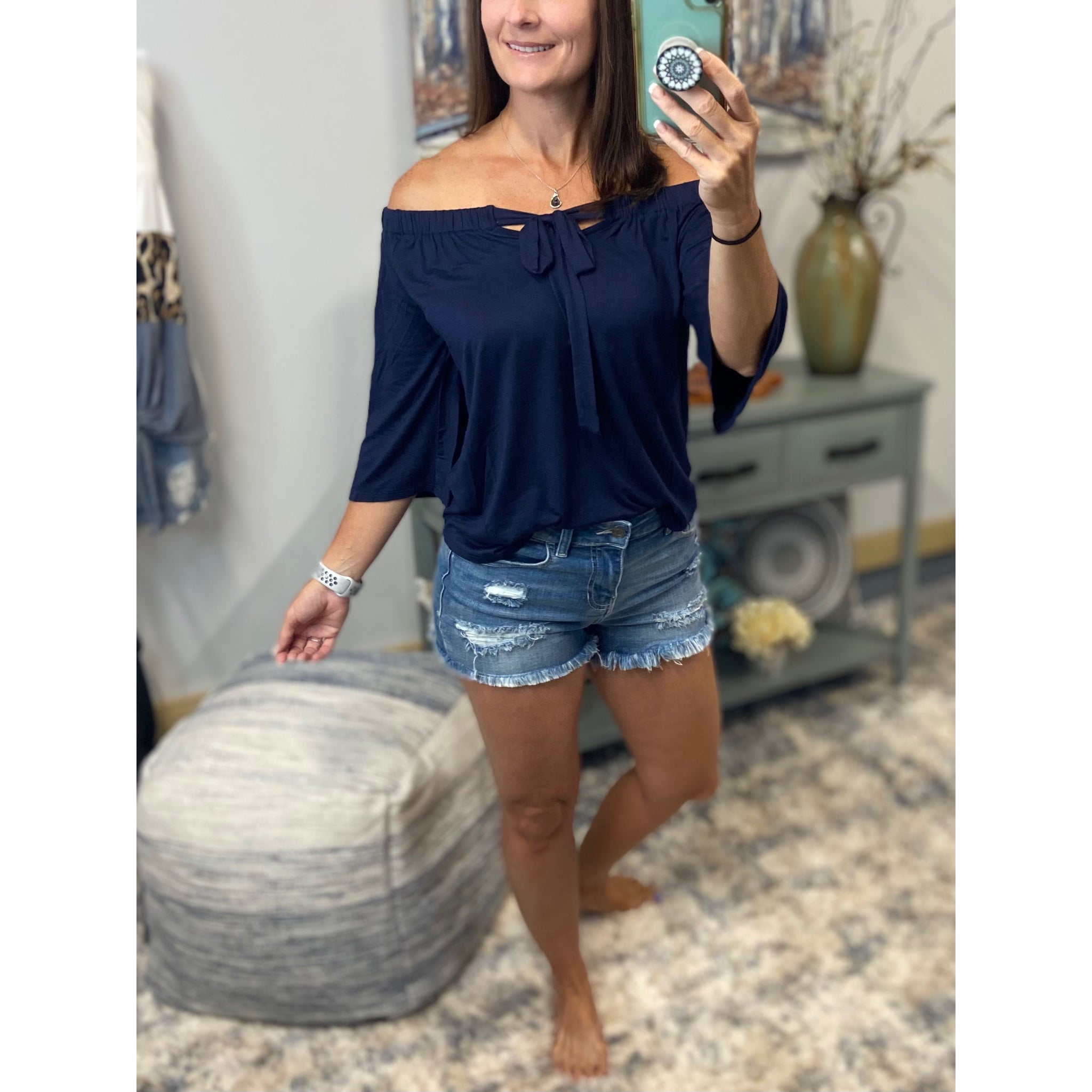 "Pricilla" Off Shoulder Floaty 3/4 Sleeve Tie Bow Blouse Shirt Top Navy S/M/L