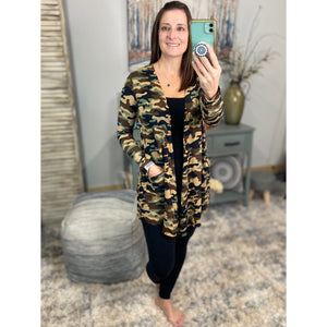 “Suspicious Love” Open Long Cardigan Pocket Asymmetrical Light Long Sleeve Open Front Camouflage