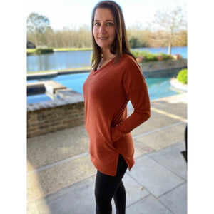 “Falling In Love” Oversized Pocket Sweater V Neck Split Side Banded Bottom Rust