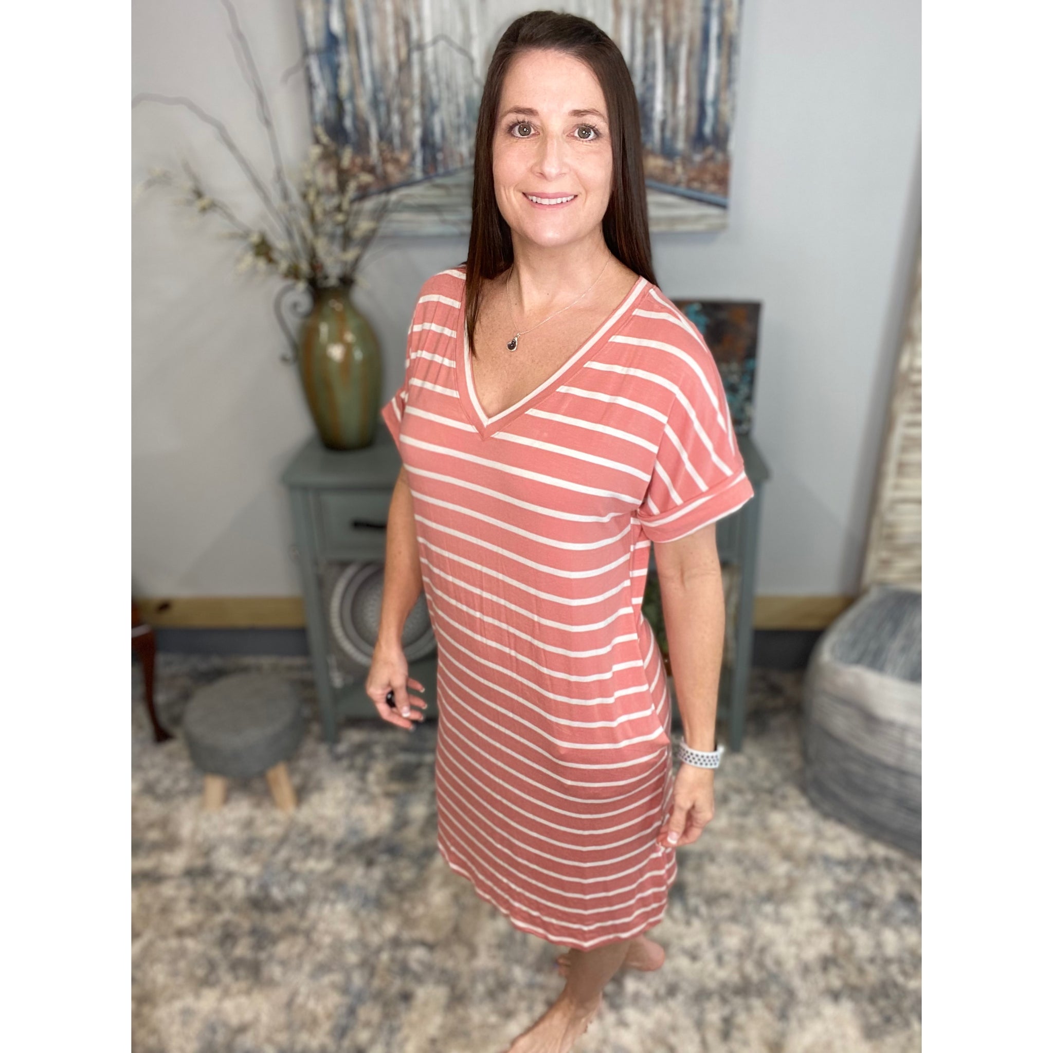 "Think Out The Box" Boxy V-Neck Striped Rolled Cuff Sleeve Pocket Summer Tee Shirt Dress Rose Pink S/M/L